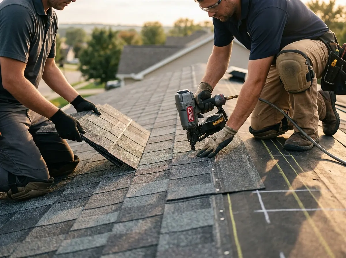 Professional roofer working on a residential roof in Elk Ridge